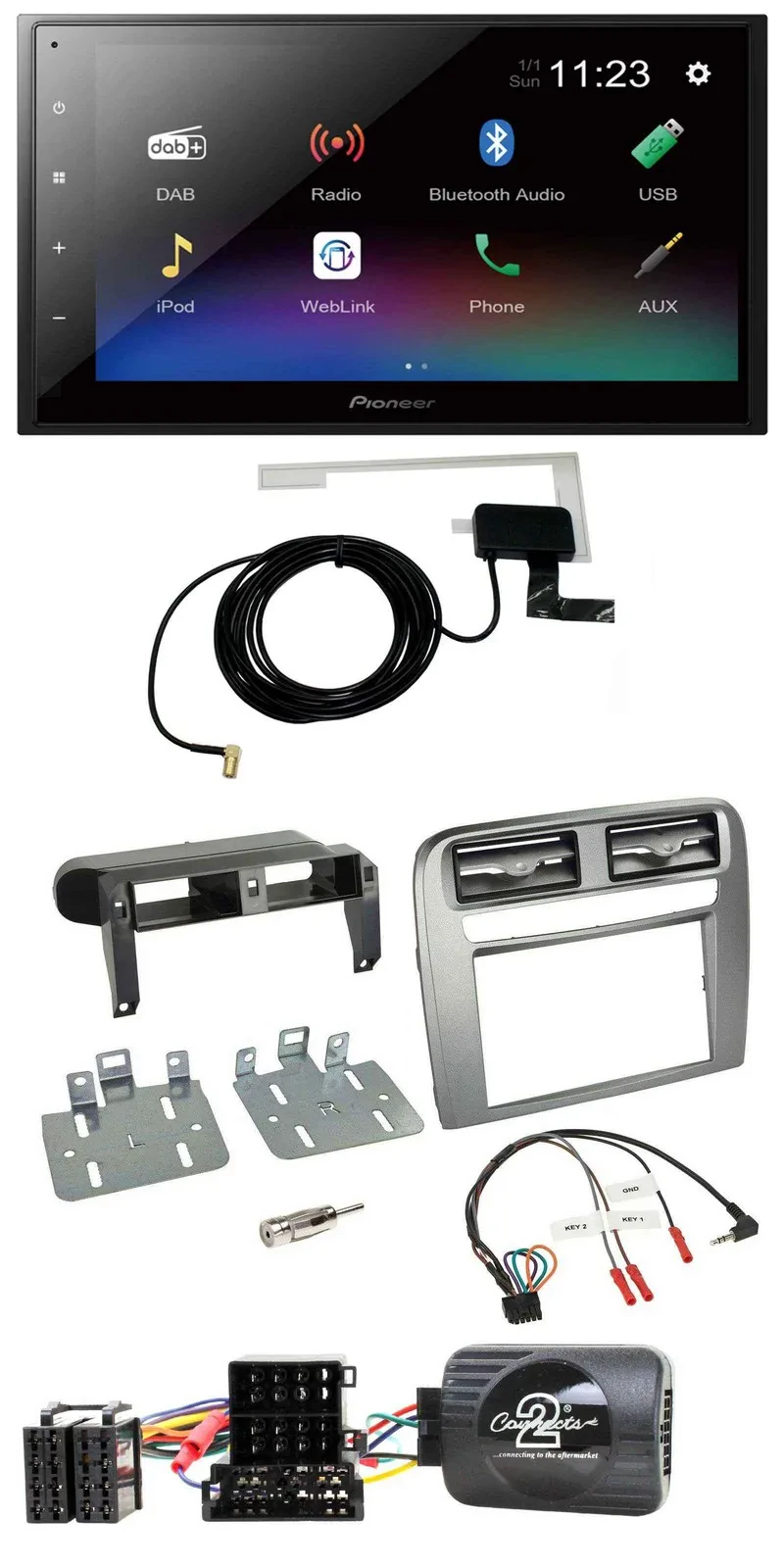 Автомагнитола Pioneer 2DIN, DAB, Bluetooth, USB, для Fiat Grande Punto 2005–2006, антрацит, поддержка управления с руля