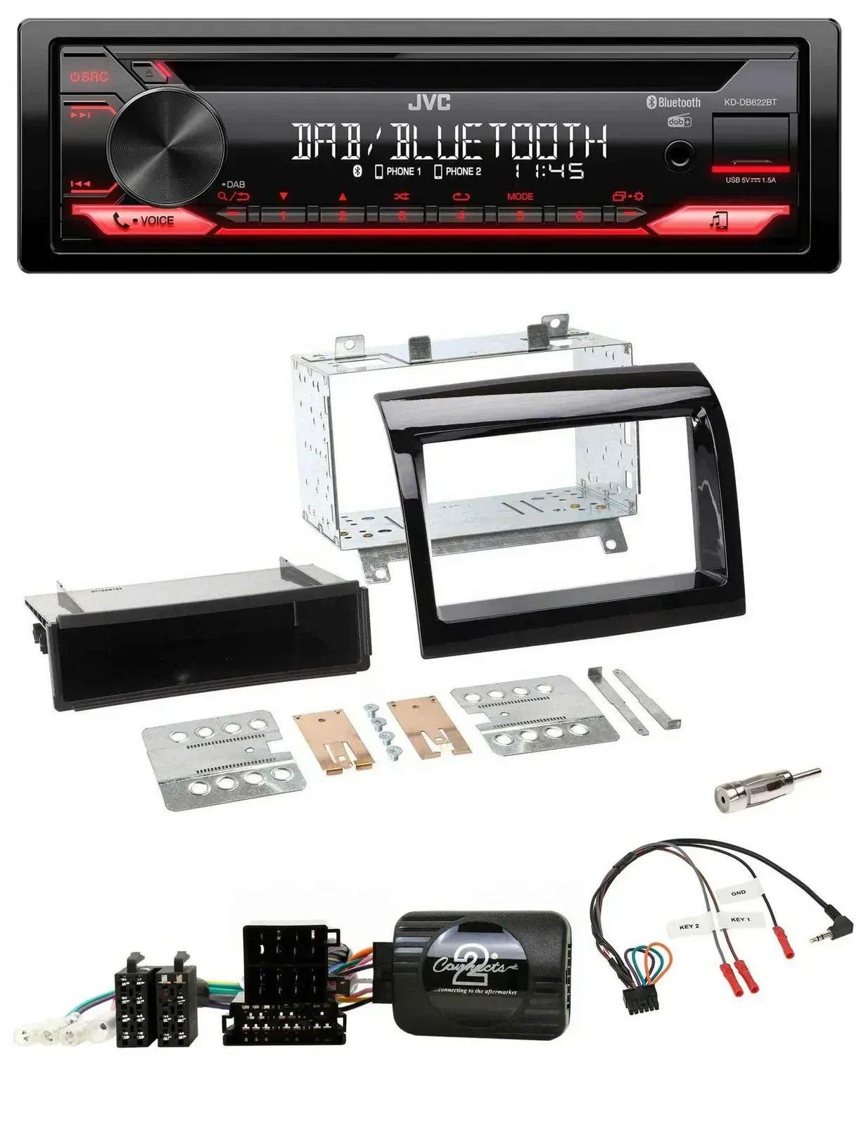 Автомагнитола для Fiat Ducato 2012–2015 JVC CD, DAB, USB, Bluetooth, управление с руля, черный (piano black)