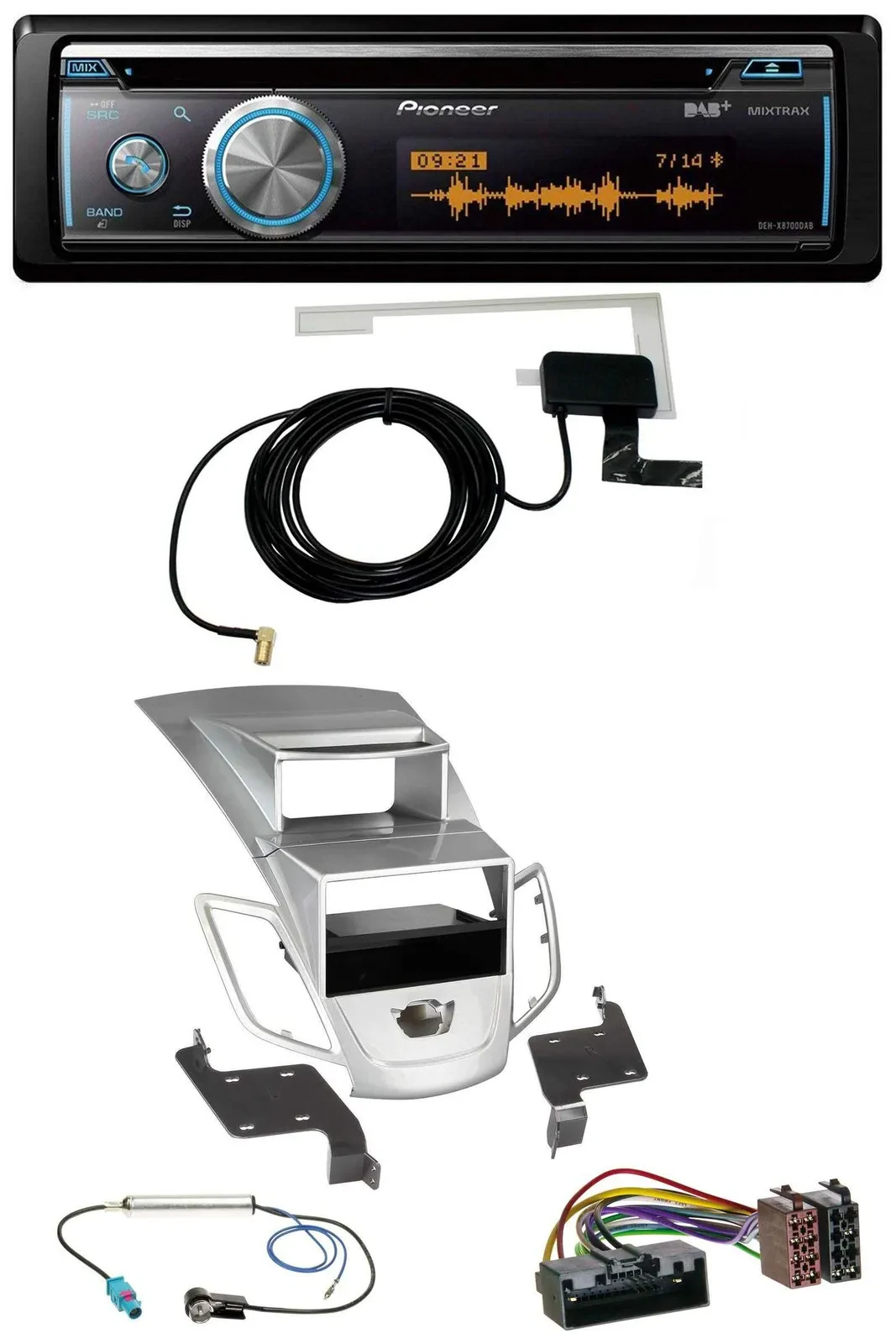 Автомагнитола для Ford Fiesta Pioneer Bluetooth, DAB, MP3, USB, CD, с дисплеем, 2010–2017, серебристый