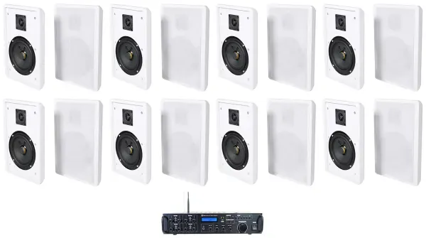 Rockville Rock Zone 8 Ch. Receiver+(16) White Slim Wall Speakers For Restaurant