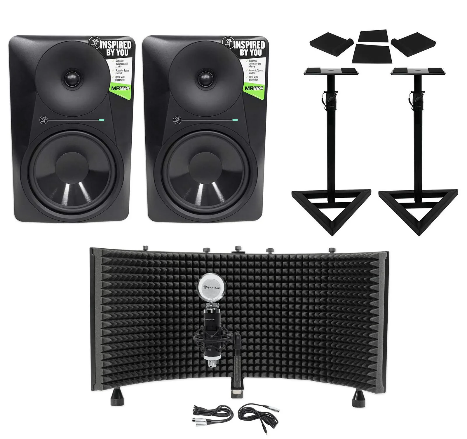 Студийные мониторы активные Mackie MR824 8" 85W (набор, пара) с конденсаторным микрофоном, стойками, изоляционными пэдами и акустическим экраном