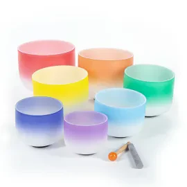 7pc Crystal Singing Bowl Set 14"-8" Quartz Therapeutic Sound Red to Purple