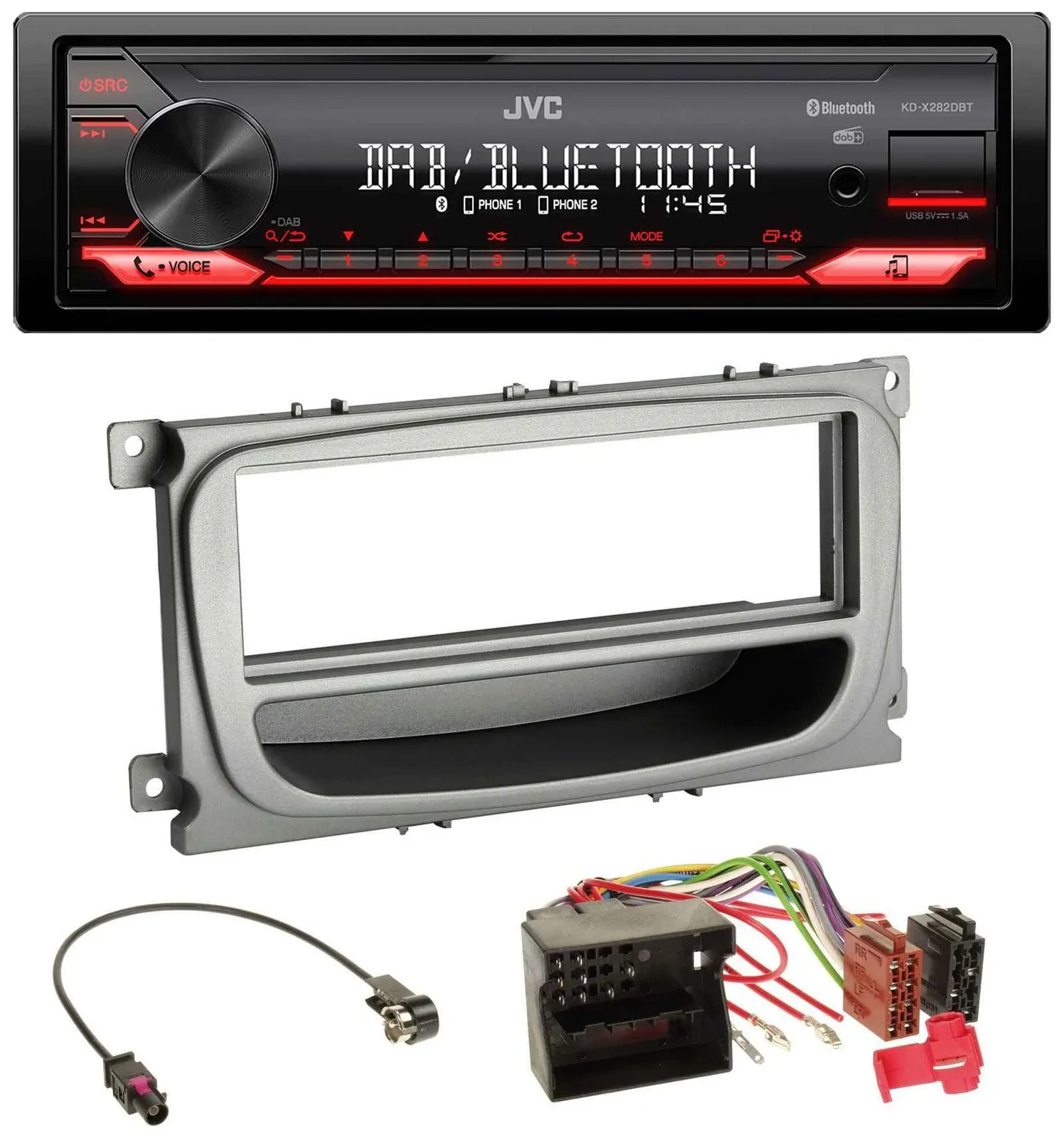 Автомагнитола JVC Bluetooth USB DAB MP3 для Ford Focus/Galaxy/C-Max (с 2007), серебристая