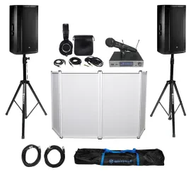 Pair JBL SRX835P 15" 2000w DJ PA Speakers+Facade+Audio Technica Mic+Headphones