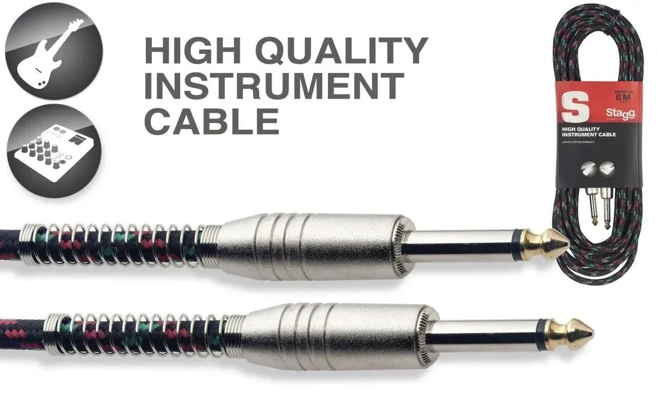 Кабель инструментальный для гитары Stagg SGC6VTBK 6.1 м (20 ft), тканевая оплётка Vintage Tweed, черный