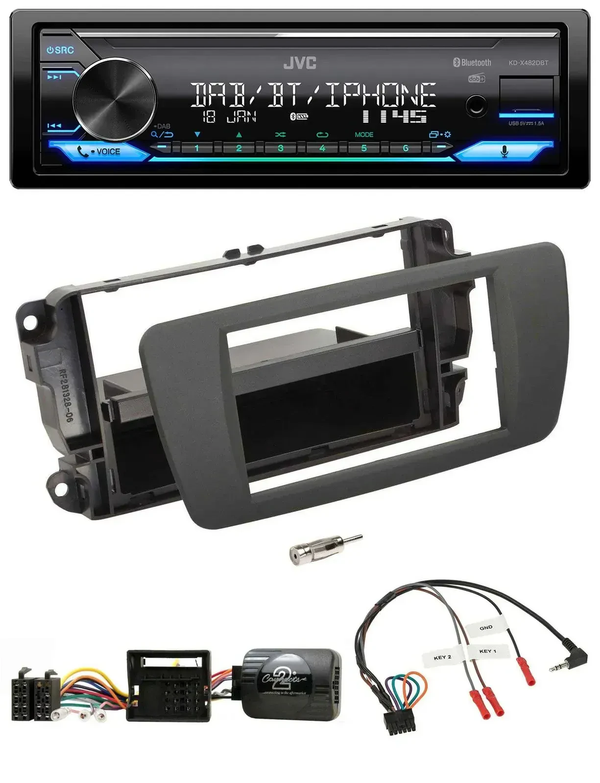 Автомагнитола для Seat Ibiza JVC Bluetooth, DAB, USB, серый