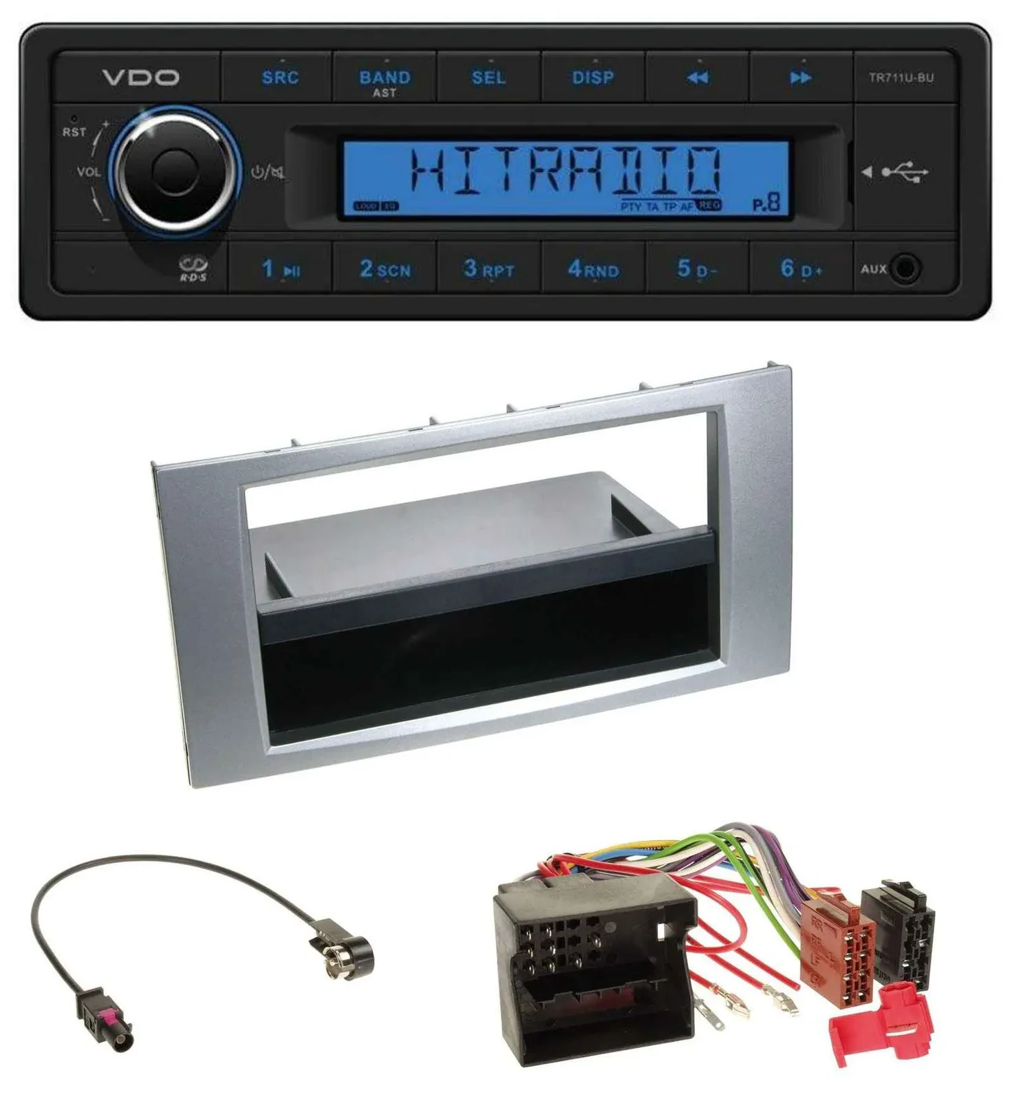 Автомагнитола VDO 1DIN, MP3, USB, AUX, для Ford Kuga/Fusion/Transit (2005–2012), серебристая