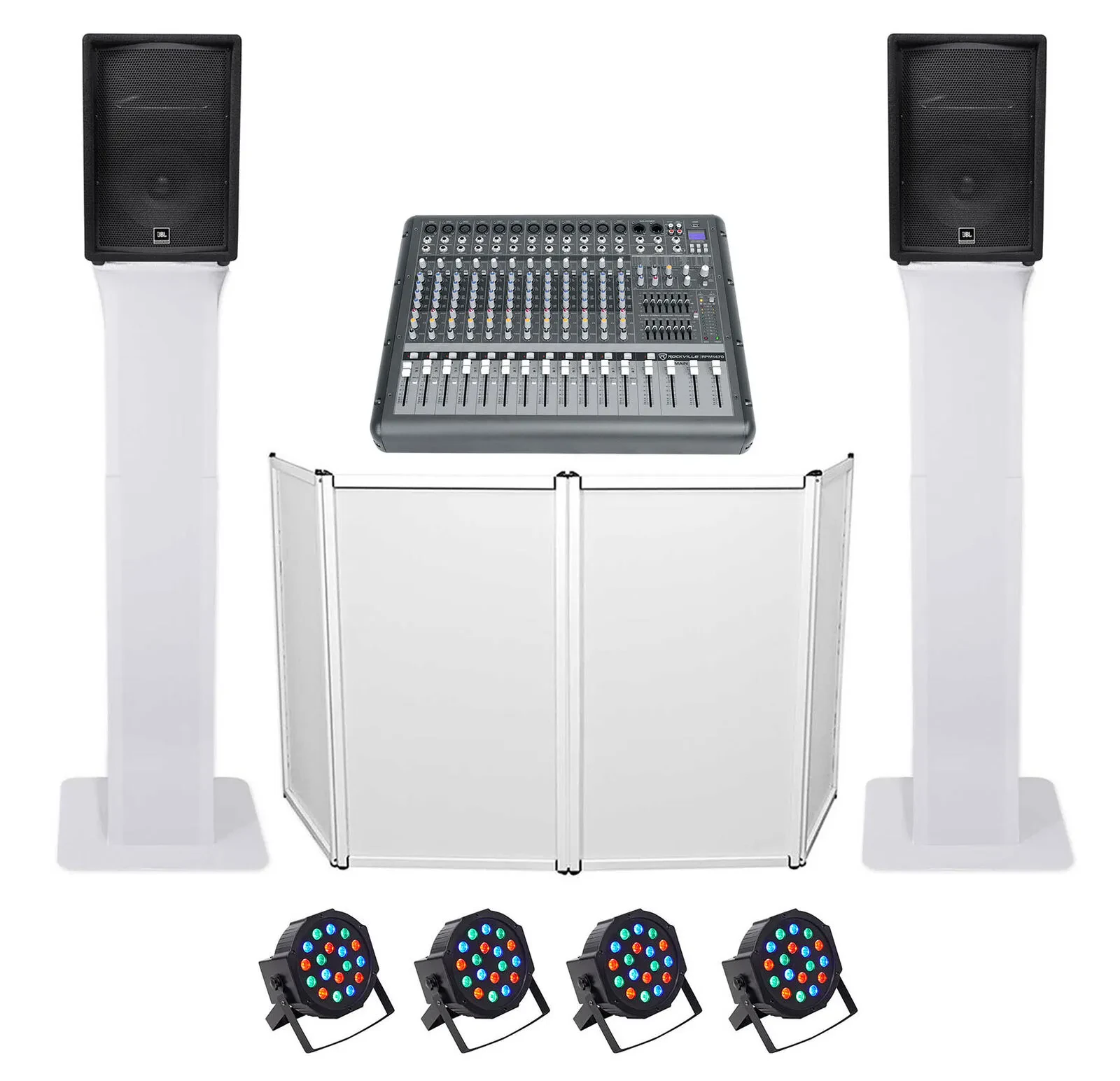 DJ Package w/(2) JBL JRX212 2000w 12" Speakers+Powered Mixer+Totem Stands+Facade