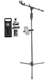 Rockville Tripod Microphone Stand w/Hand Clutch+Mic+360° Swivel Smartphone Mount