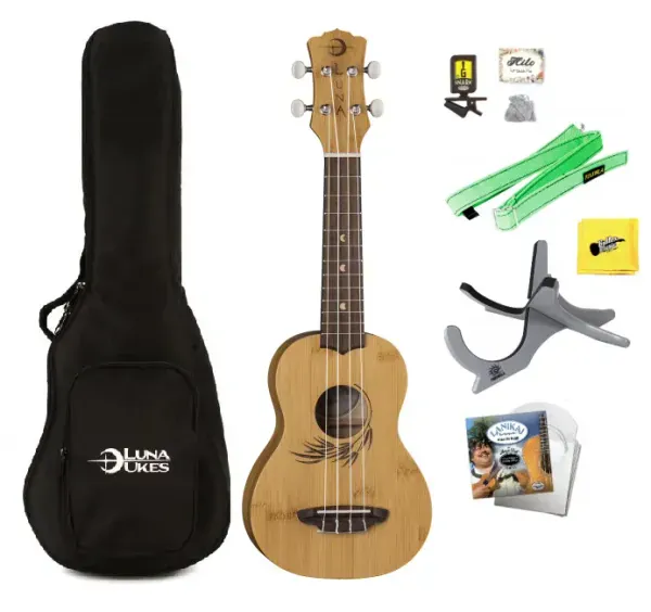 Luna UKE BAMBOO Soprano Size Ukulele w/Bag, Tuner, Strings, Stand, More