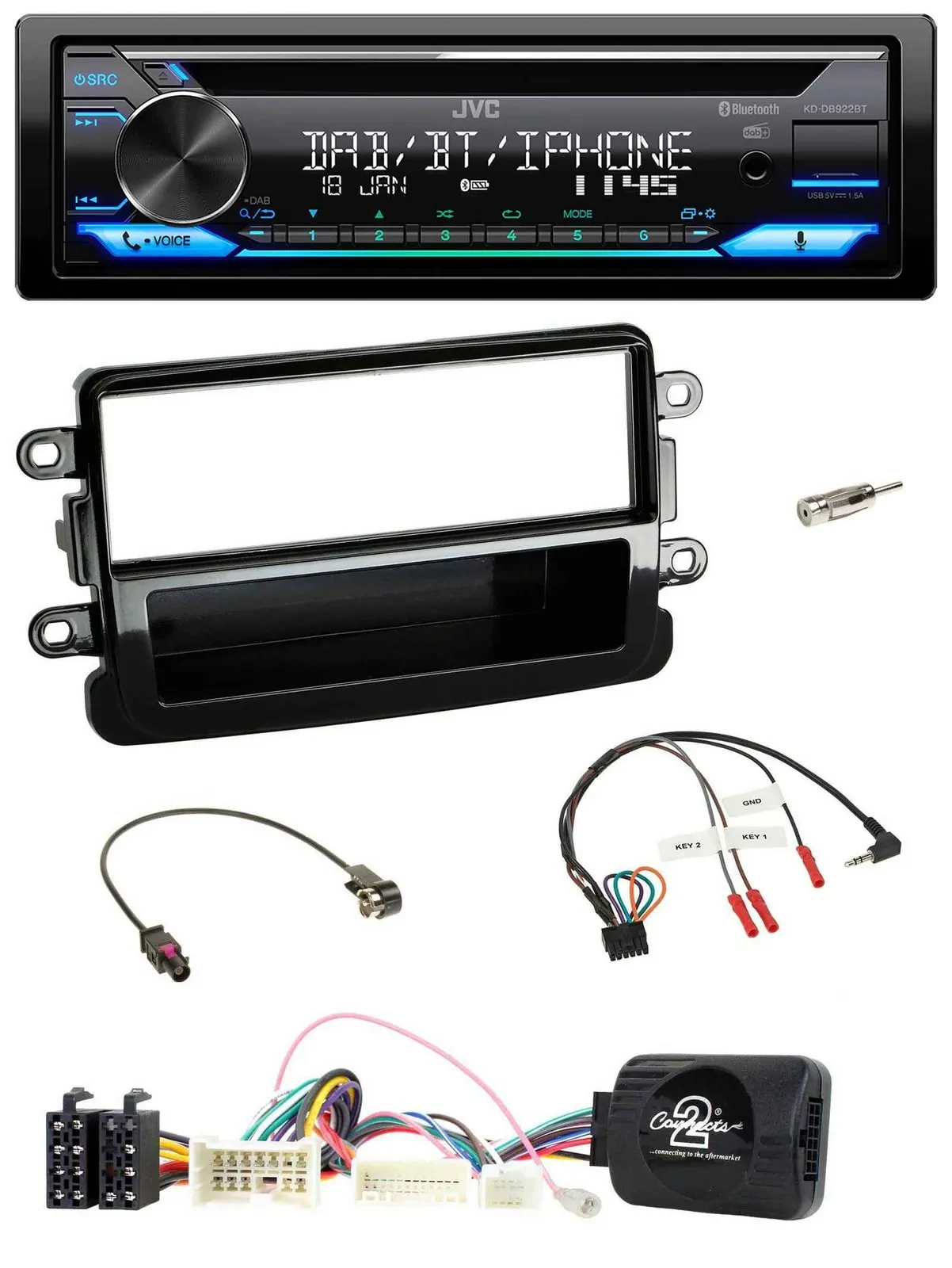 Автомагнитола JVC Bluetooth USB DAB CD для Dacia (с 2012), черный глянец