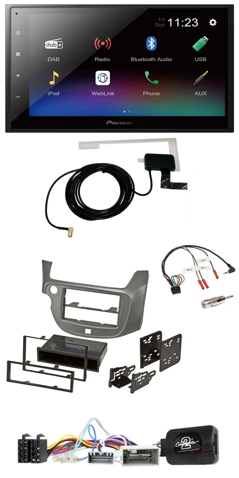 Pioneer DAB Lenkrad Bluetooth 2DIN USB Autoradio für Honda Jazz ab 2014 silber