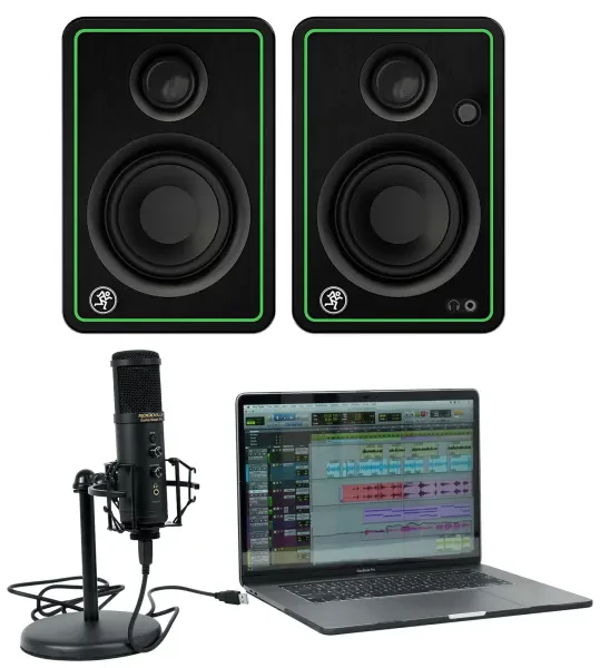 (2) Mackie CR3-XBT 3" Bluetooth Studio Monitors+USB Microphone w/Interface+Stand