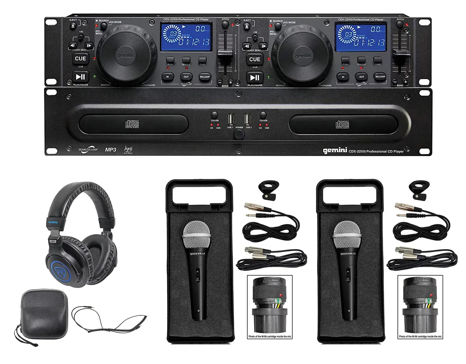 Медиаплеер для DJ Gemini CDX-2250i двухдековый, рэковый, CD/MP3, с наушниками и 2 микрофонами (набор)