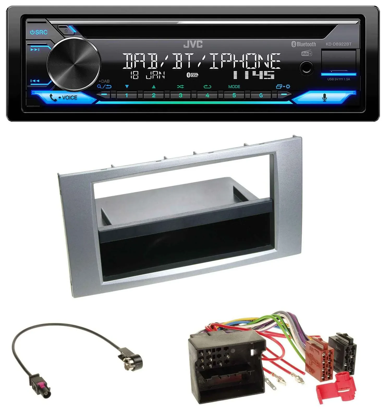 Автомагнитола JVC Bluetooth MP3 USB DAB CD для Ford Kuga/Fusion/Transit 2005–2012, серебристая