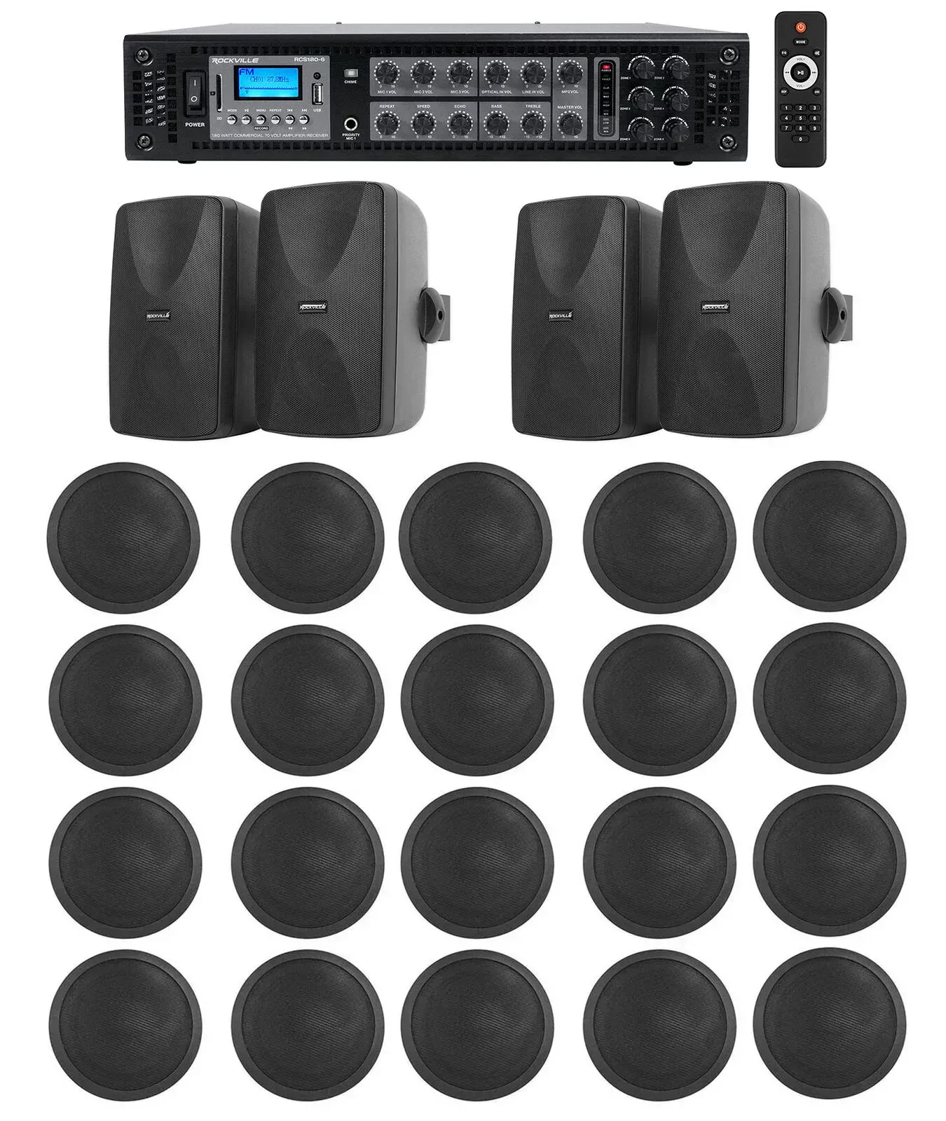 Трансляционный усилитель Rockville RCS180-6+(4) WET-5B+(5) CCL5T BLACK с комплектом акустики