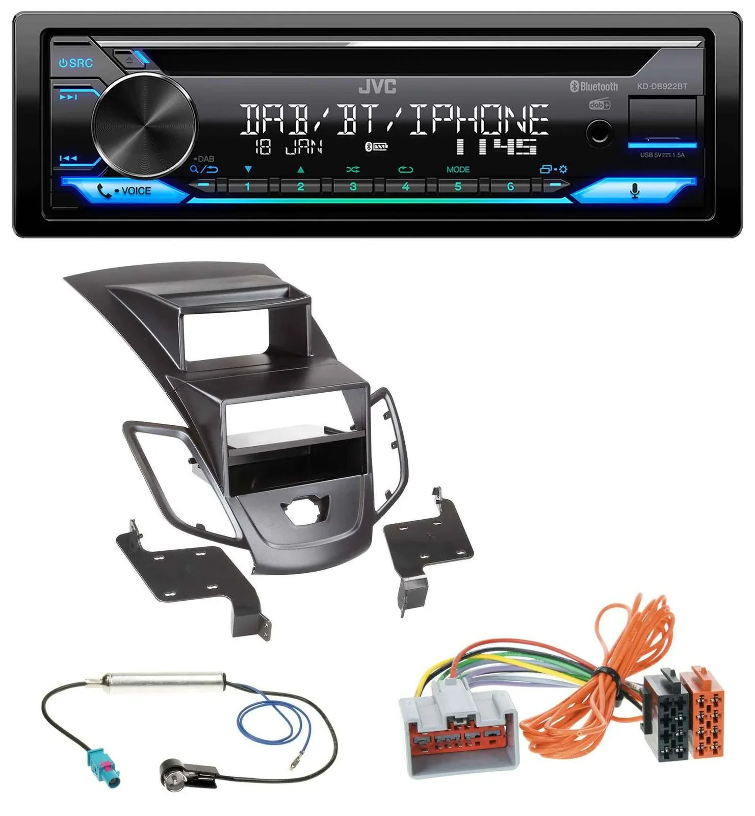 JVC Bluetooth MP3 USB DAB CD Autoradio für Ford Fiesta 08-10 Display schwarz