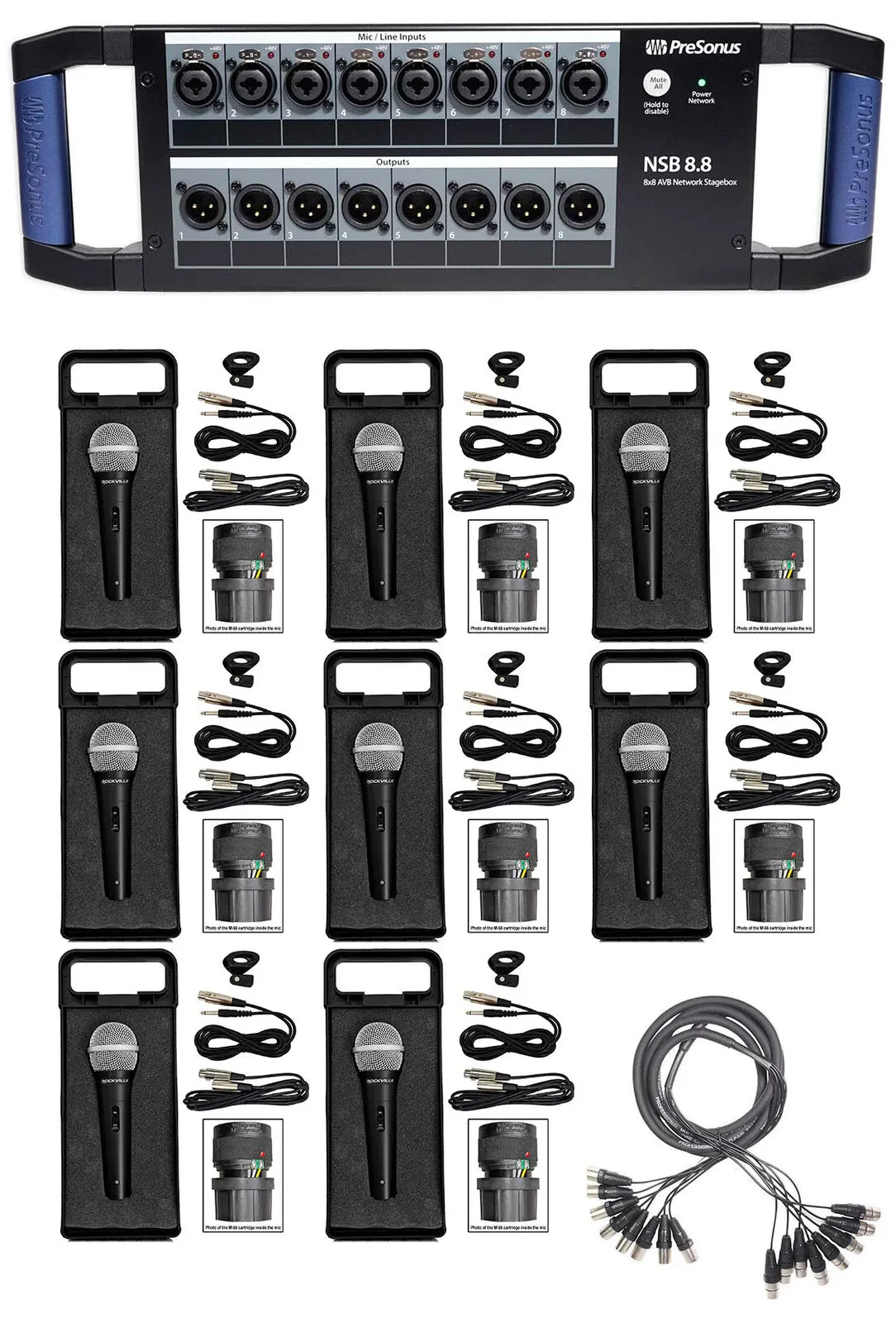 PRESONUS NSB 8.8 8x8 AVB Stagebox w/(8) XMAX Preamps+Snake Cable+(8) Microphones