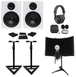 2 Rockville DPM5W 5.25" 300w Active Studio Monitors+Stands+Headphones+Mic+Shield