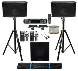 (2) Rockville 1200w Karaoke Speakers+Bluetooth Amp+Stands+(2) Mics+10" Subwoofer