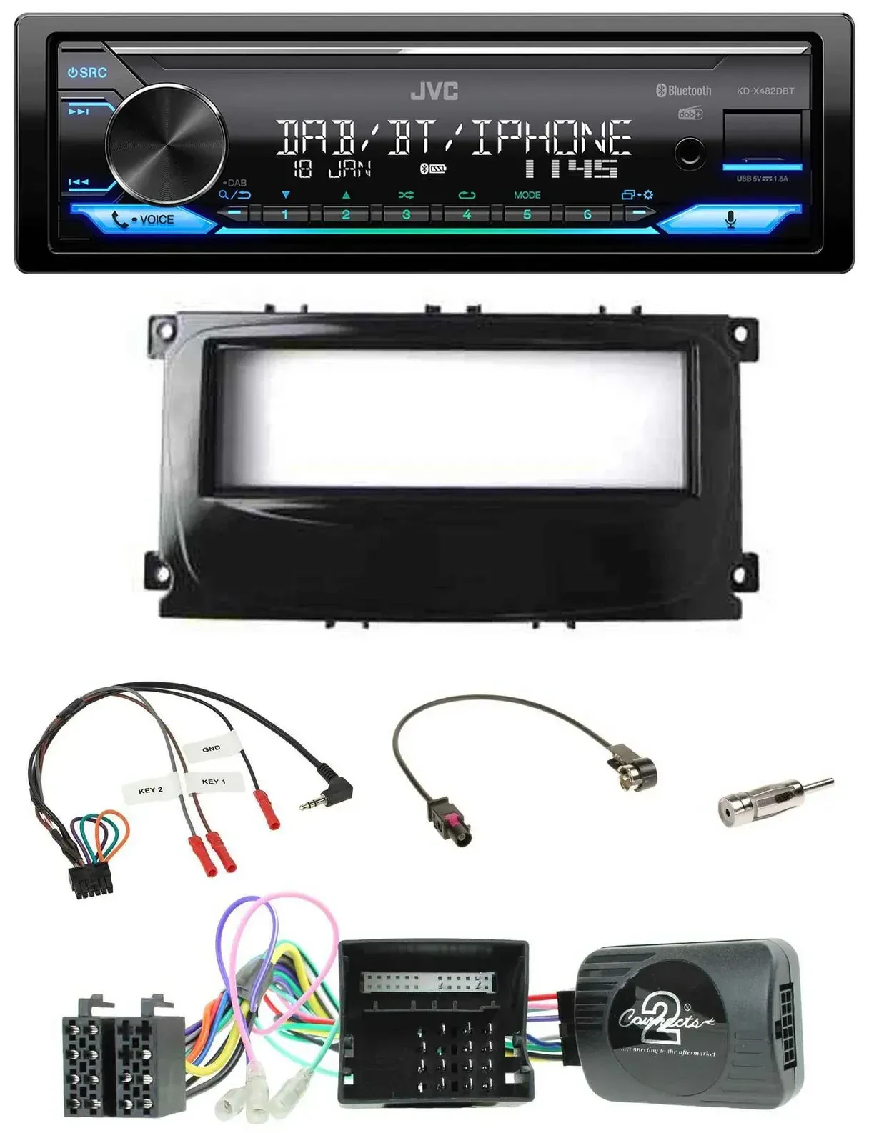 Автомагнитола JVC Bluetooth, DAB, USB, совместимая с кнопками на руле для Ford Galaxy/Focus/C-Max (CAN, с 2007)