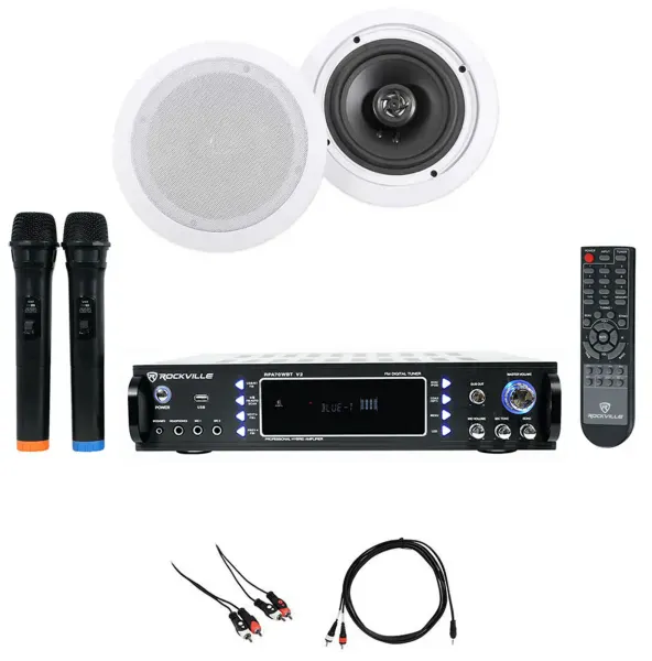 Rockville RPA70WBT Bluetooth Karaoke Amp/Mixer+(2) 6.5" Ceiling Speakers+Mics