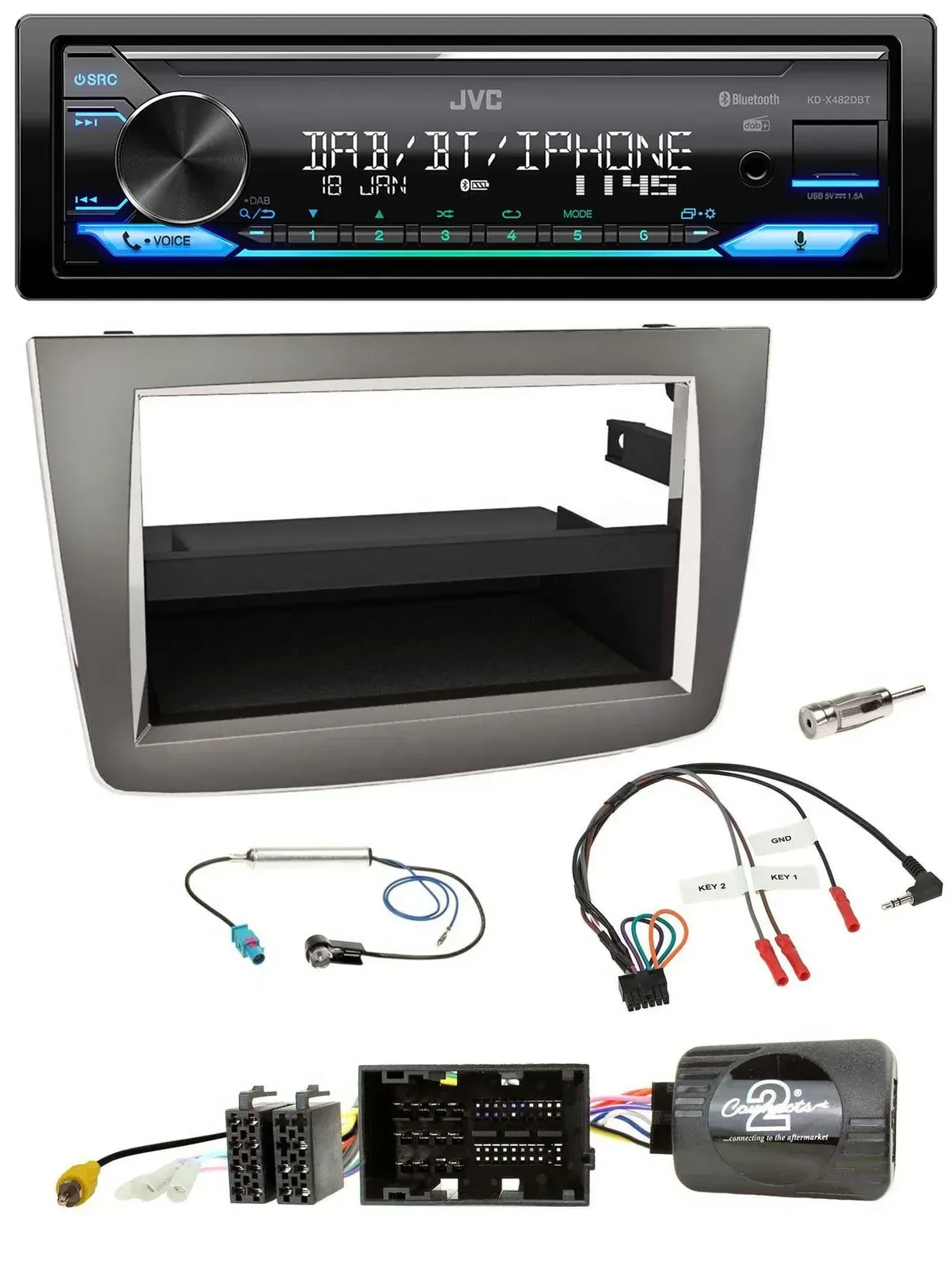 Автомагнитола JVC Bluetooth DAB USB для Alfa Romeo Mito (2014–2018, тип 955), серебристая