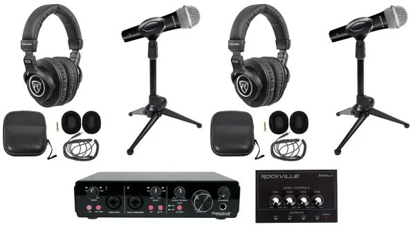 Rockville R-TRACK 2x2 2-Person Podcast Kit-Dynamic Microphones+Stands+Headphones