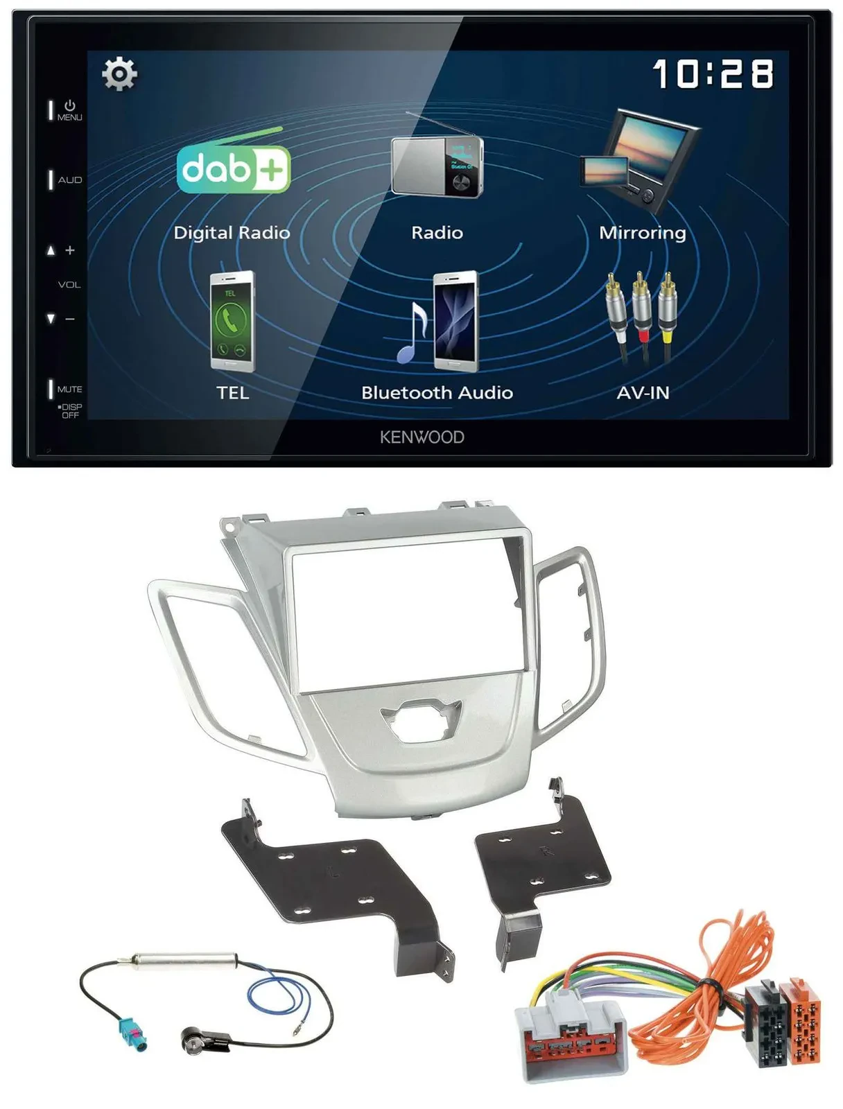 Автомагнитола для Ford Fiesta (2008–2010) Kenwood 2DIN Bluetooth USB MP3 DAB, серебристая