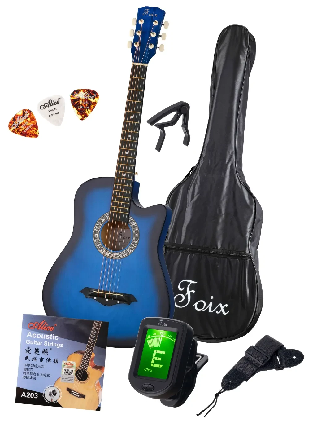 Набор: Акустическая гитара Foix FFG-2038CAP-BL синяя с аксессуарами