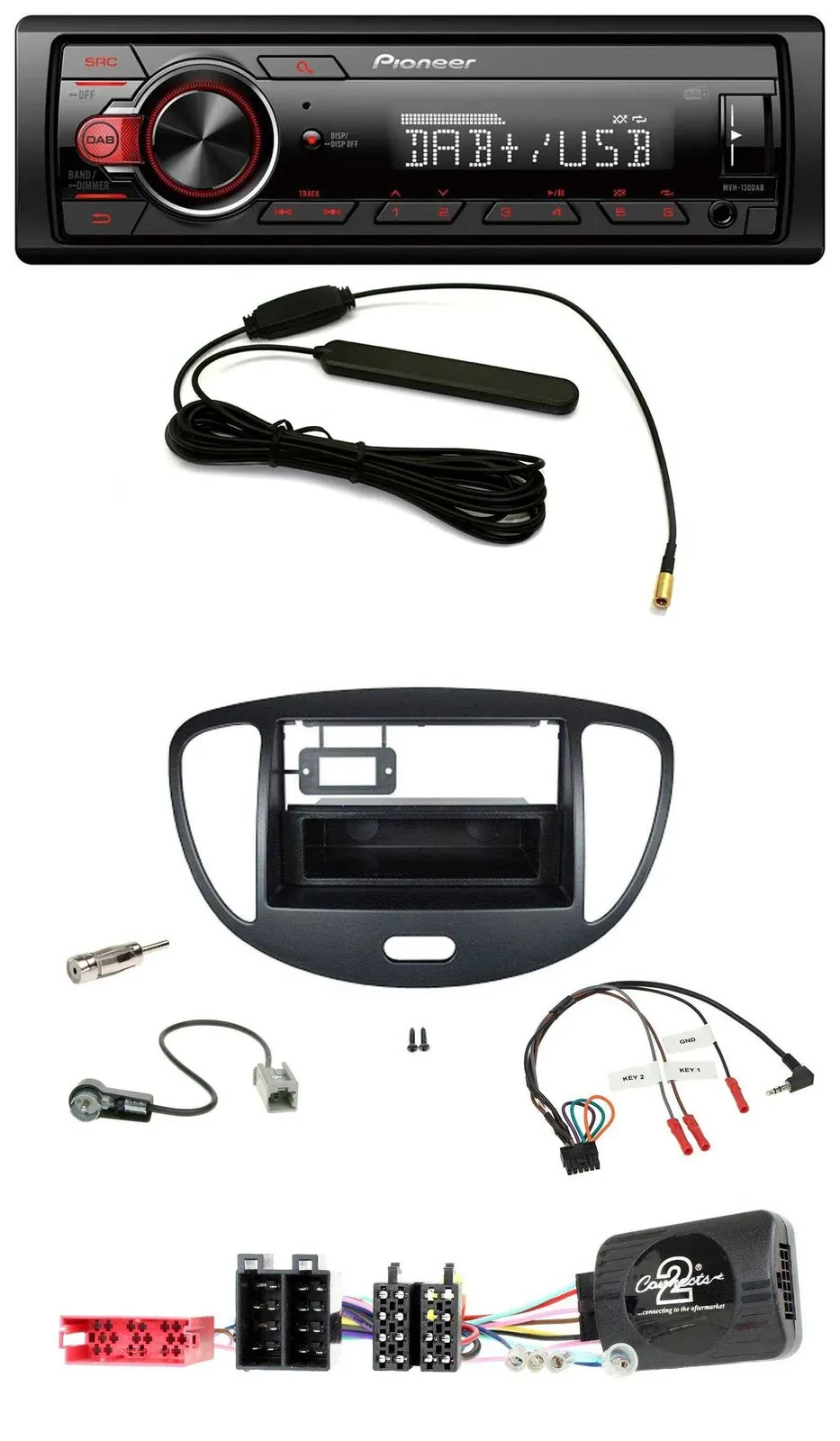 Автомагнитола для Hyundai i10 (2009–2013) Pioneer 1-DIN DAB, USB, MP3, ISO, с поддержкой управления с руля, черная