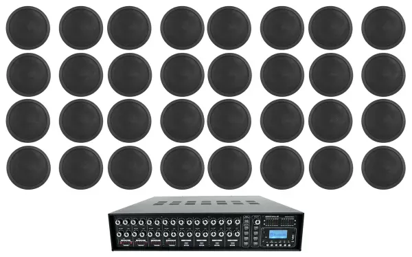 Rockville 4-Zone Multi Source Audio System w/ (32) 6" 70v Black Ceiling Speakers