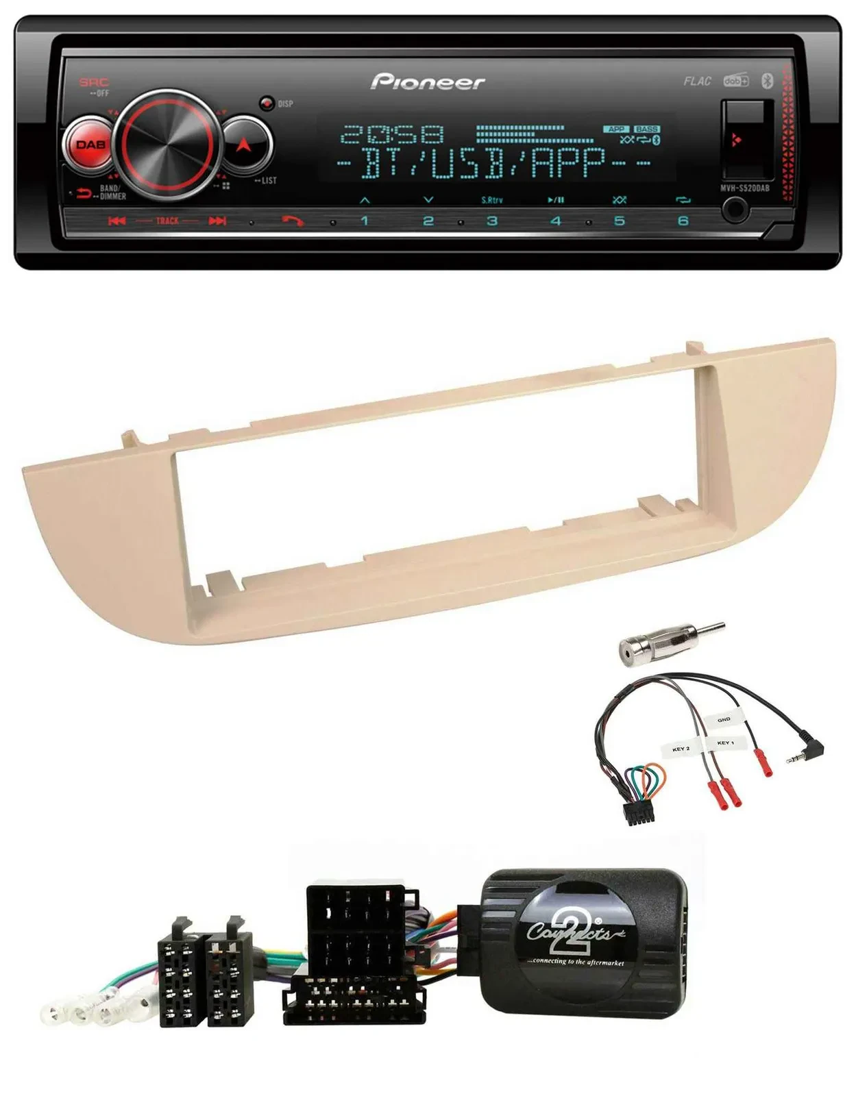 Автомагнитола для Fiat 500 (с 2007) Pioneer Bluetooth, USB, DAB, поддержка управления с руля, перламутрово-серый/бежевый