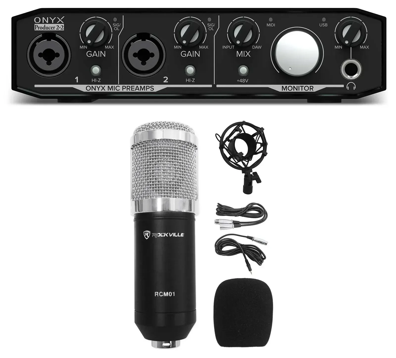 Аудиоинтерфейс Mackie Onyx Producer 2.2 2x2 USB, MIDI (набор) с микрофоном, кабелем и креплением