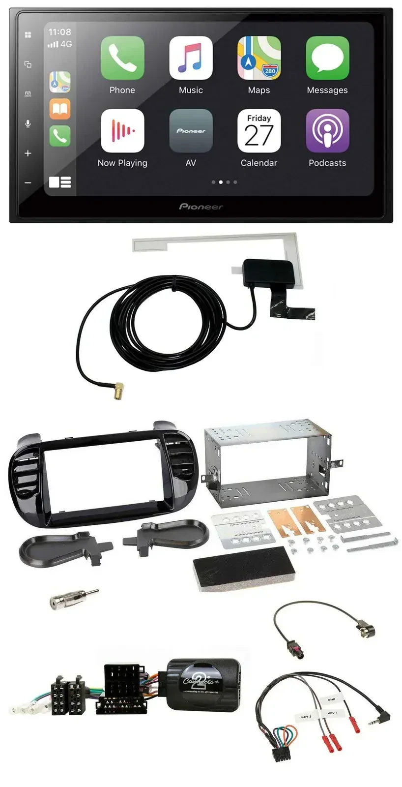 Автомагнитола Pioneer 2DIN Bluetooth DAB USB для Fiat 500 (2008–2015), Fakra, черная