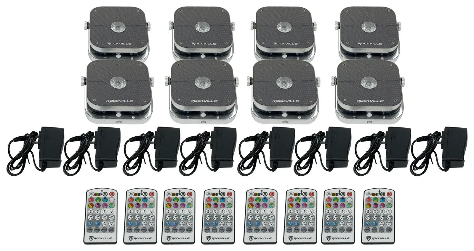 Светодиодный прибор Rockville MINI RF1 V2 с кейсом и DMX-пультом (8 штук)