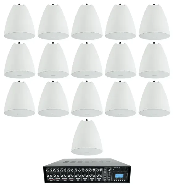 4-Zone Matrix Multi Room Commercial 70v Amplifier+16 6.5" White Pendant Speakers