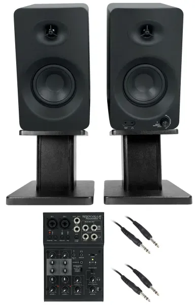 (2) Rockville ASM4 4" Studio Monitor/Computer Speakers w/Bluetooth+Mixer+Stands