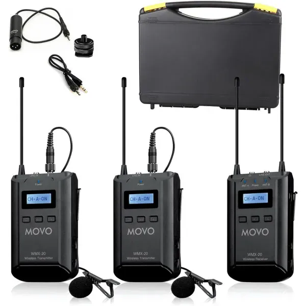 Movo Photo WMX-20-DUO 48-Ch UHF Wireless Lavalier Microphone System, 330' Range