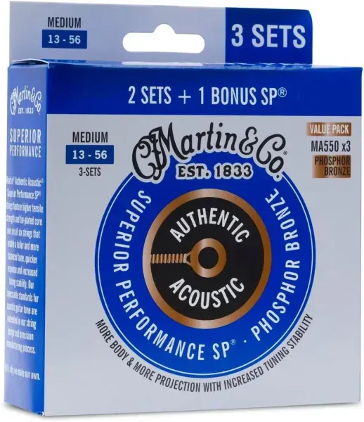 3 pack of Martin Authentic Acoustic Phosphor Bronze Strings Medium 13-56 #MA550