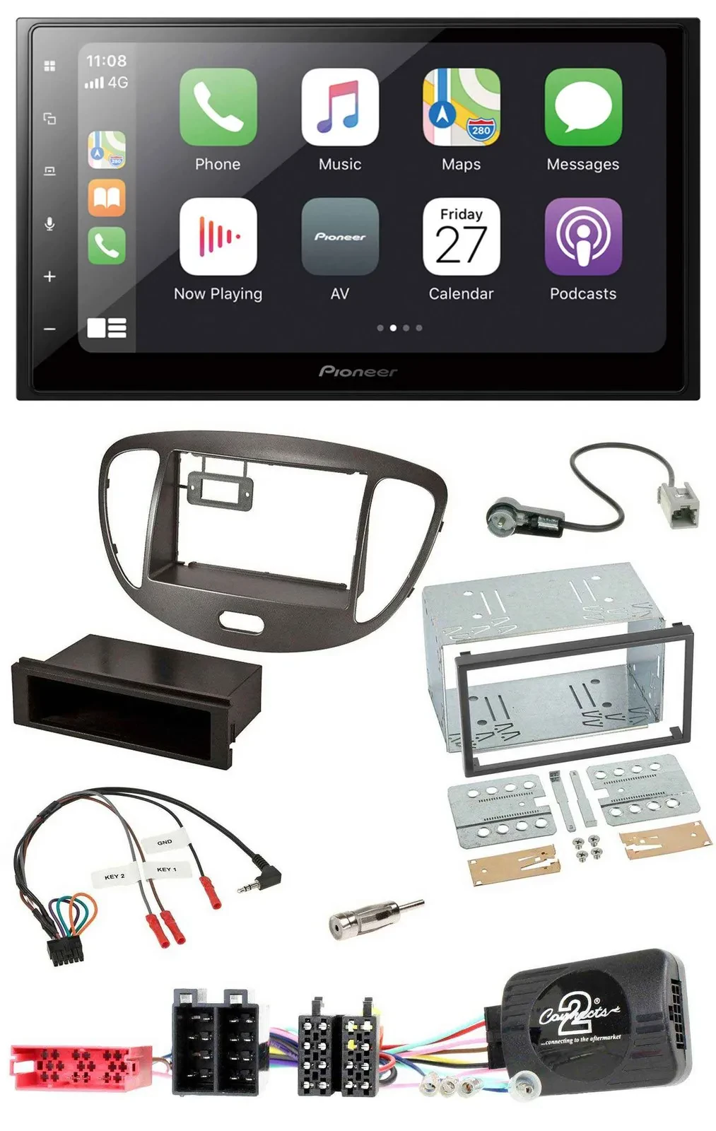 Pioneer Lenkrad Bluetooth DAB 2DIN USB Autoradio für Hyundai i10 2009-13 dunkels