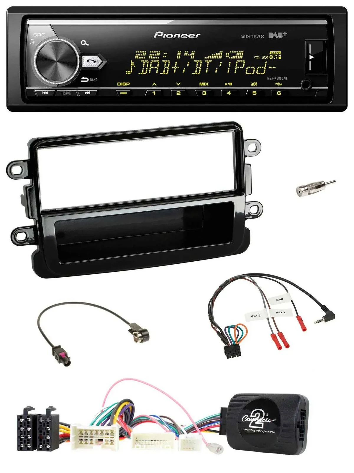 Автомагнитола Pioneer Bluetooth, USB, DAB, совместима с кнопками на руле, для Dacia (с 2012), цвет чёрный (piano black)