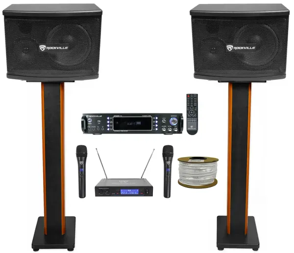 (2) Rockville KPS65 Karaoke/Pro Speakers+Bluetooth Amp+36" Stands+Wireless Mics