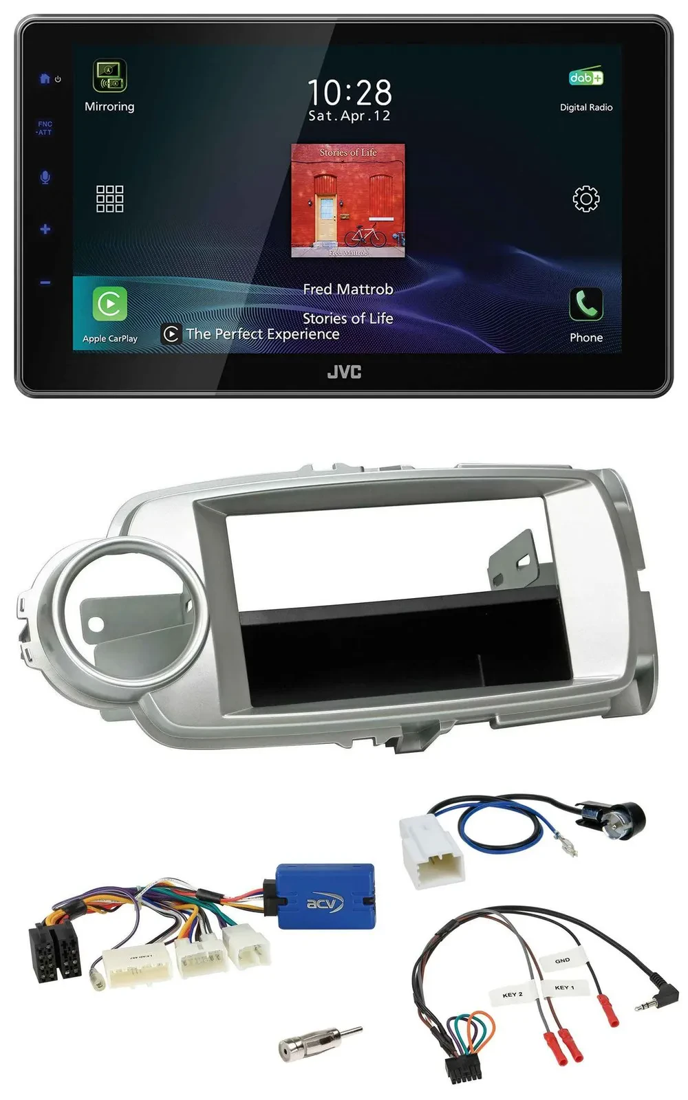 Автомагнитола JVC для Toyota Yaris 2011–2014 DAB, Bluetooth, USB, серебристая, 28-pin