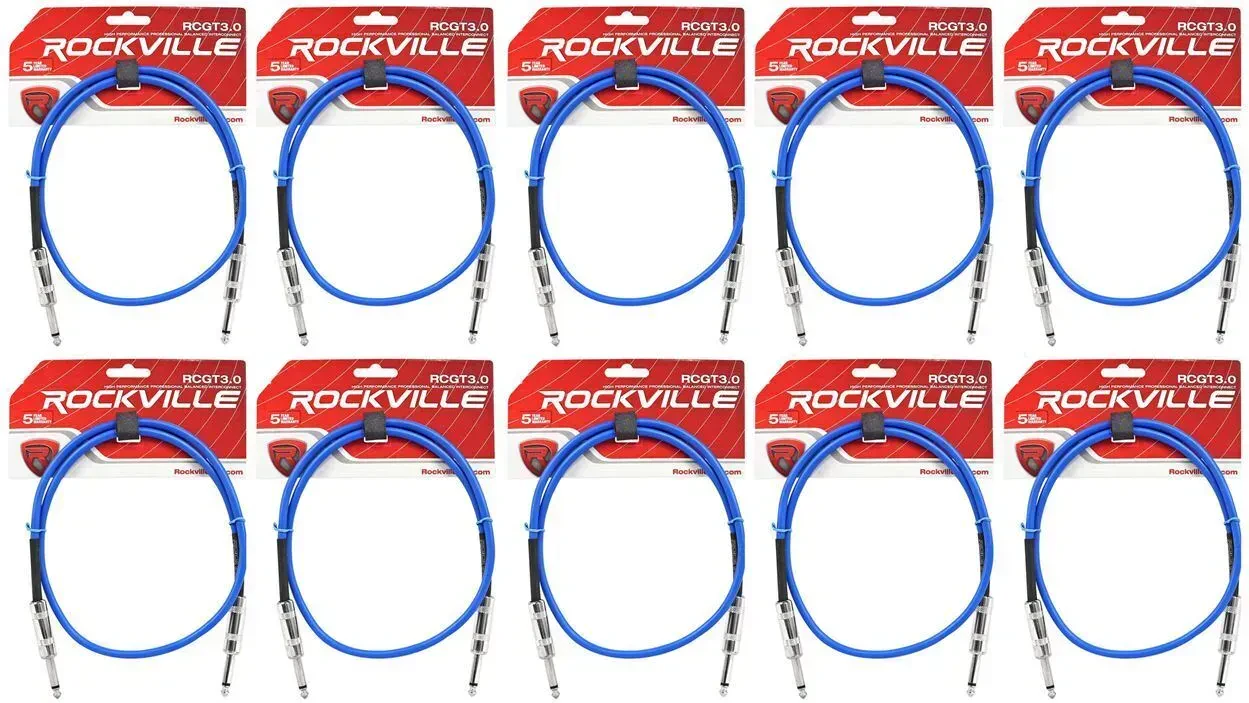 Инструментальный кабель Rockville RCGT3.0BL Blue 0.9 м (10 штук)