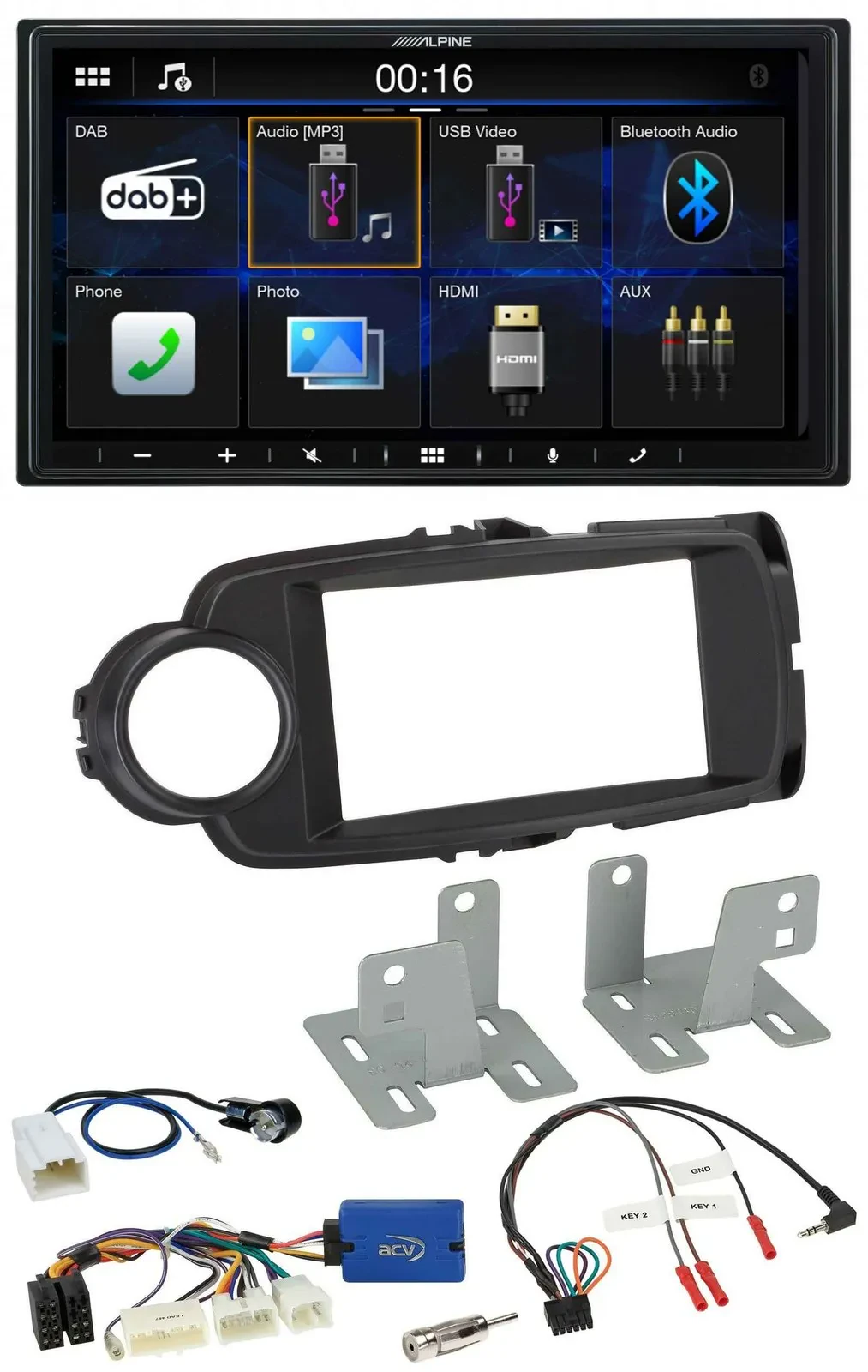 Автомагнитола Alpine для Toyota Yaris (с 2014), 2DIN, Bluetooth, DAB, USB, черная, поддержка кнопок на руле