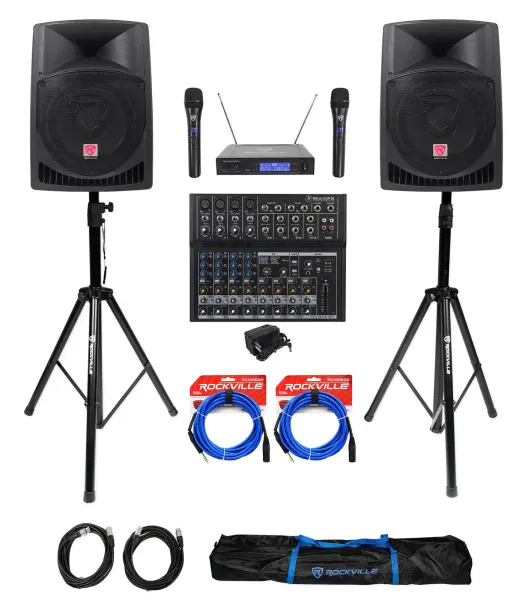 (2) Rockville 12" 1600w Active PA/DJ Speakers+Mackie Mixer+Mic+Stands+Cables+Bag