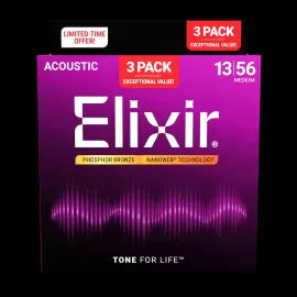Elixir 3-Pack Phosphor Bronze Nanoweb Acoustic Strings - 13/56 Medium