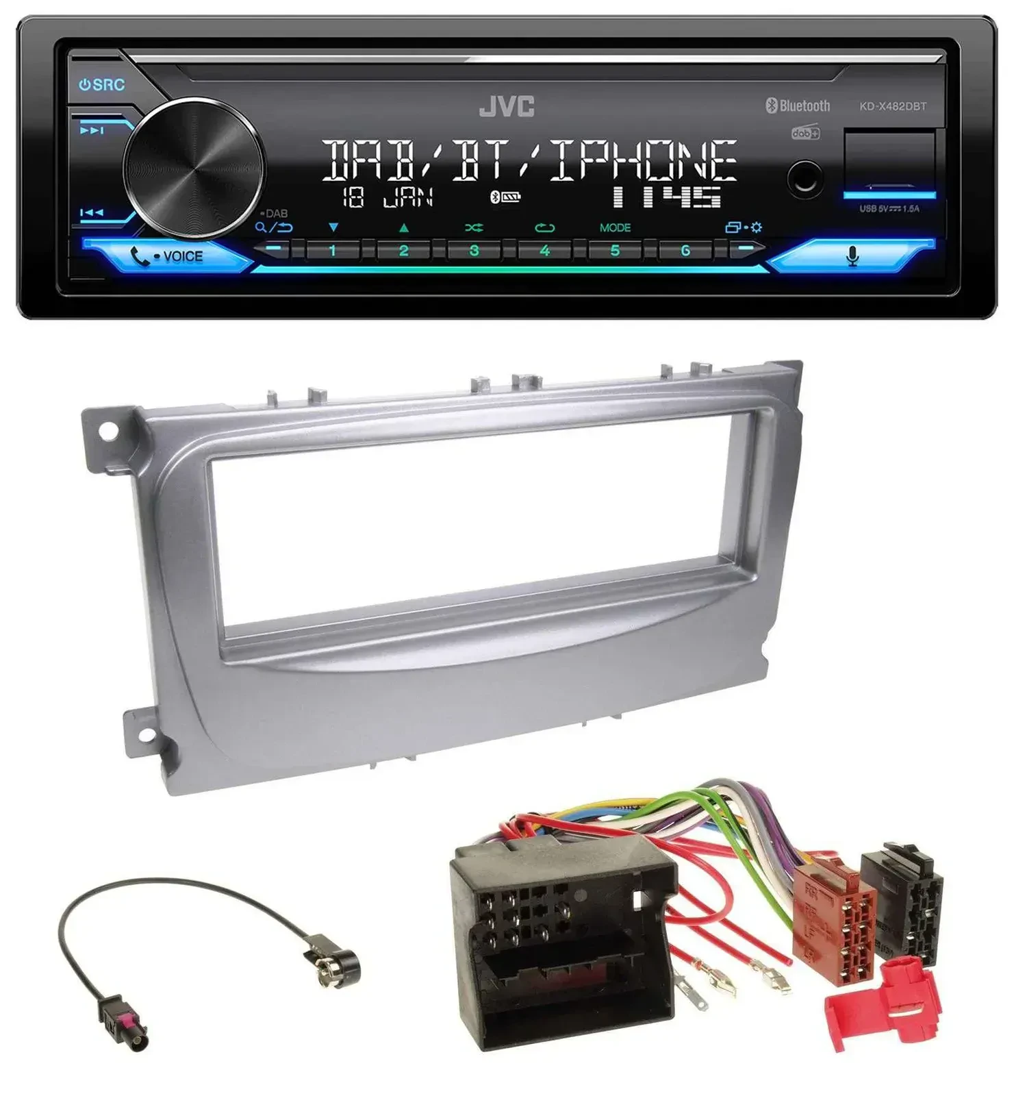 Автомагнитола JVC Bluetooth DAB USB MP3 для Ford S-Max/Mondeo 2007–2014 серебристая