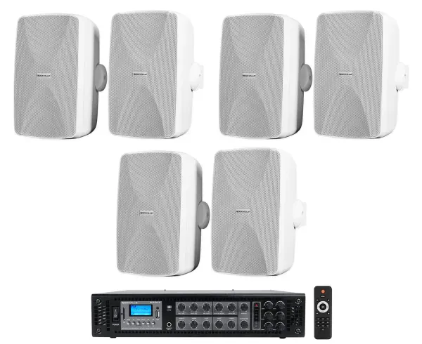 (6) White 5.25" Commercial 70v Wall Speakers+Amp 4 Restaurant/Office/Cafe/Bar